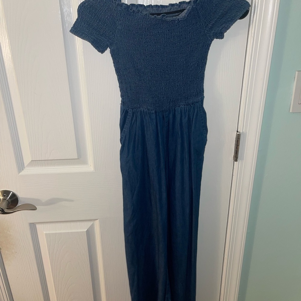 Francesca’s Denim- Like Off-The-Shoulder Jumpsuit